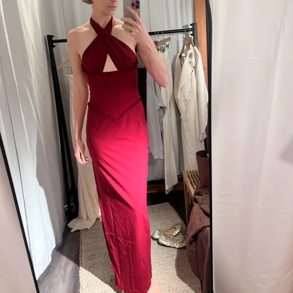 Oh Polly | Dresses | Halterneck Laceup Corset Maxi Dress In Berry Red |  Poshmark